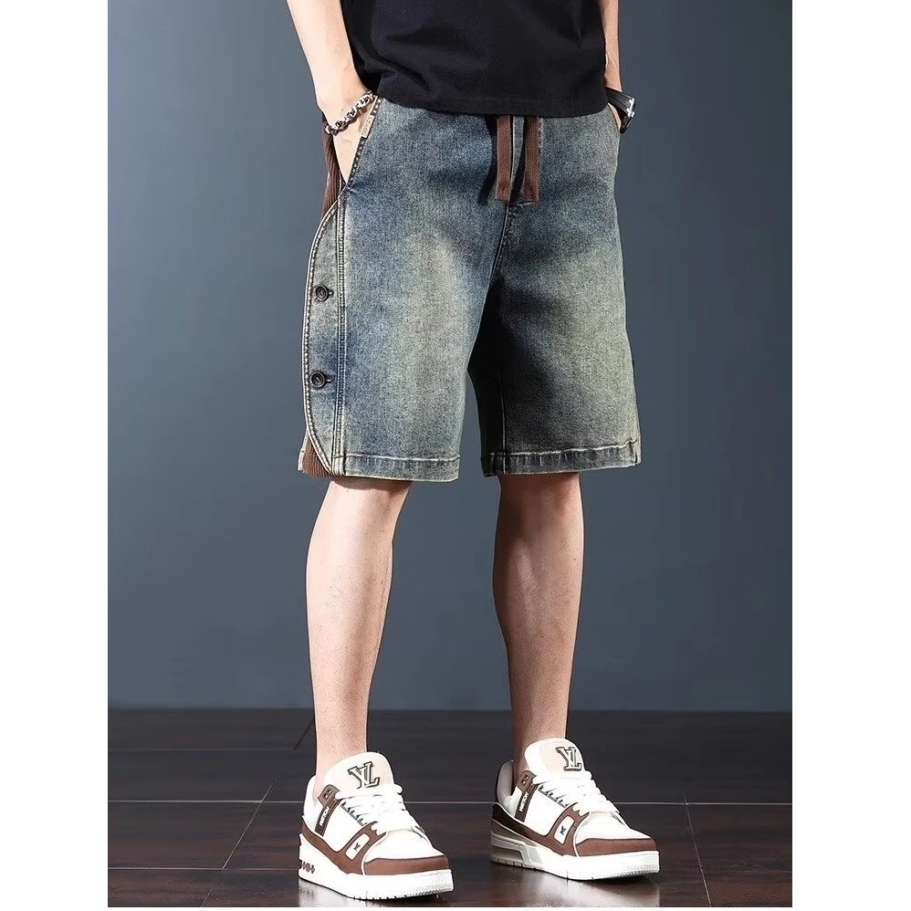 美式复古2025牛仔短裤男夏季新款宽松重磅洗水五分裤休闲拼接裤子