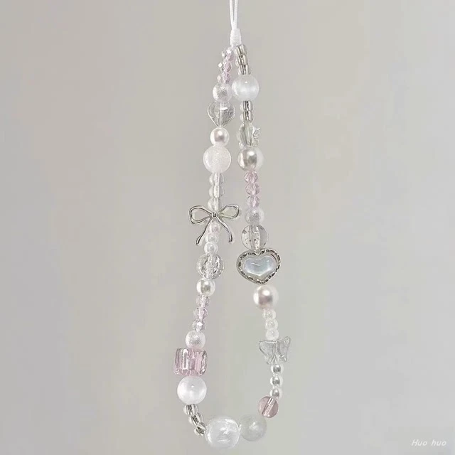 透白爱心蝴蝶手机链相机挂饰手腕挂绳创意挂件珠串链条高级感挂链