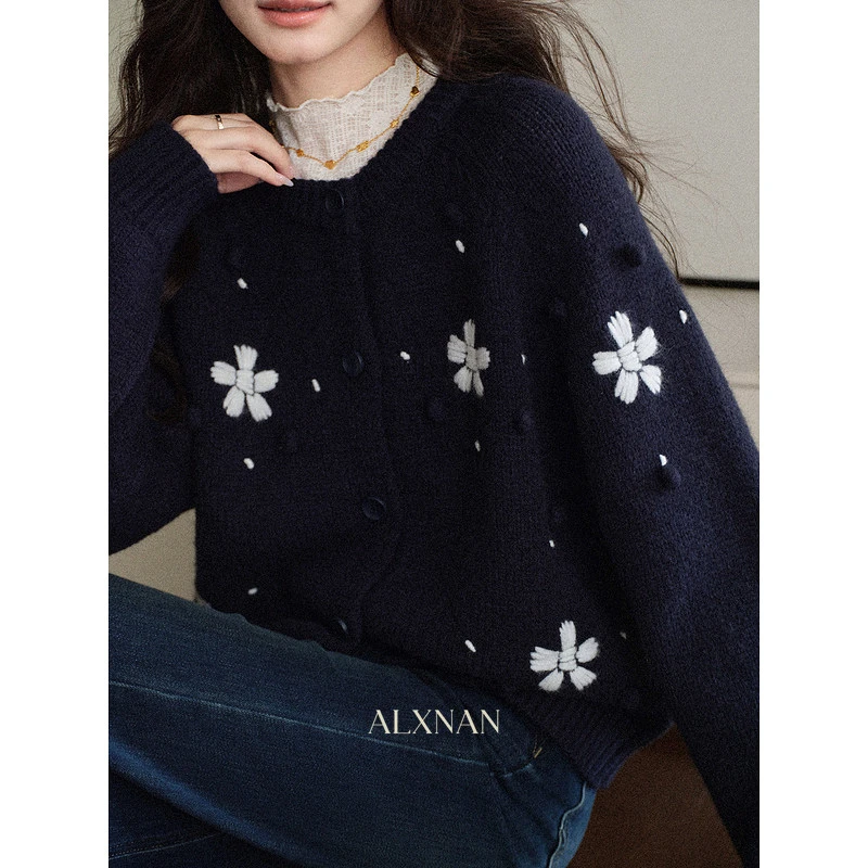 【品牌撤柜款ZB】藏蓝色圆领毛衣开衫新款宽松通勤上衣女士L58005