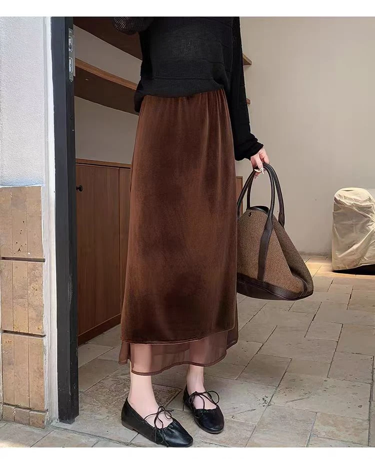 N4017丝绒拼接半身裙女高腰开叉中长裙温柔风显瘦百搭裙子5821