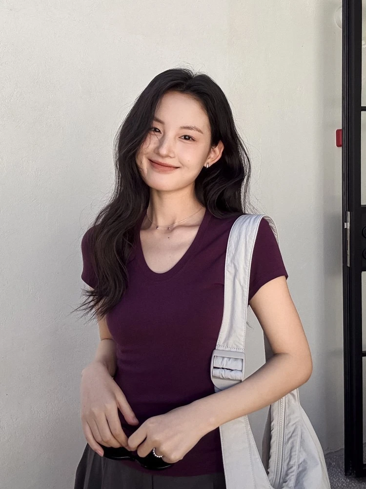 U领高弹正肩T恤春夏爆款显瘦极简修身打底衫短袖T恤