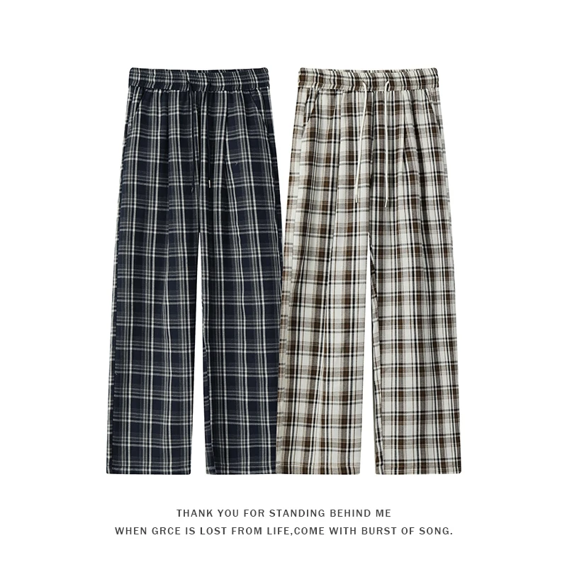 2025夏季时尚复古格子休闲运动裤宽松显瘦直筒裤休闲阔腿长裤男潮