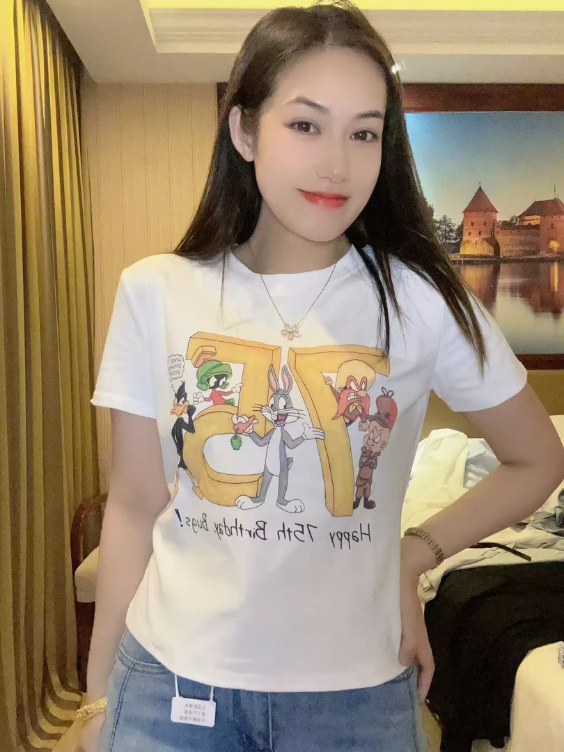 200123新款韩版百搭圆领套头卡通数字可爱兔子短袖T恤女