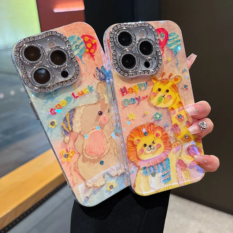 适用苹果系列iPhone16新款手机壳可爱油画大象扭边钻框闪钻镜头膜