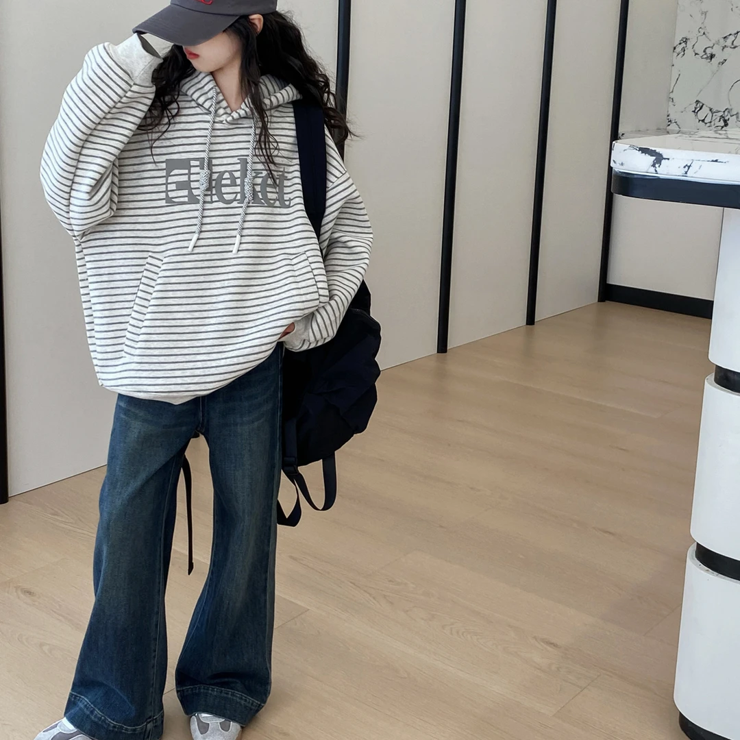 儿童套装韩范时尚凹凸气泡条纹牛仔裤两件套3-15岁春秋连帽休闲