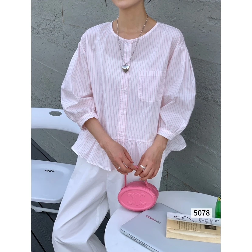 新款韩版简约百搭圆领条纹时尚衬衫C5078