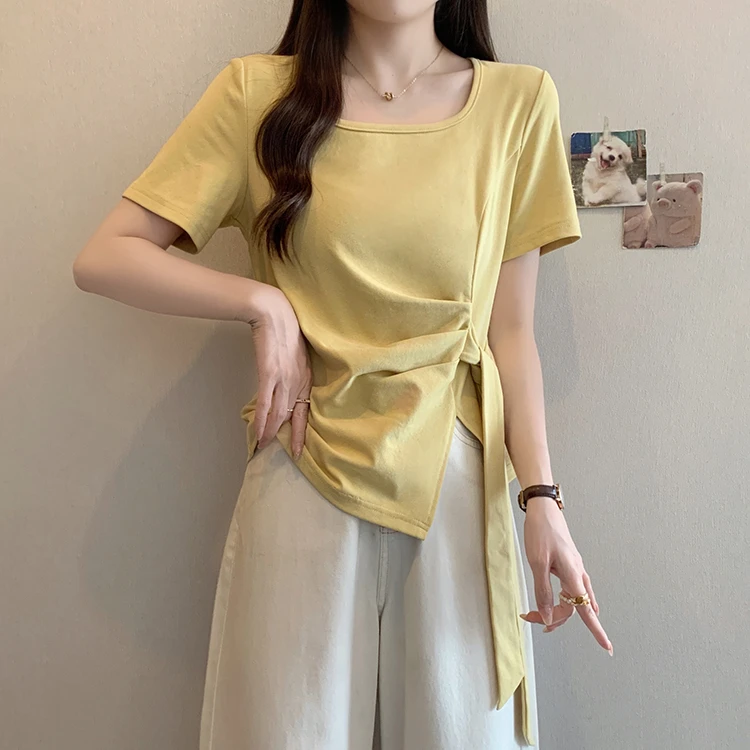 大码不规则绑带设计感方领短袖t恤女夏季胖mm遮肚子显瘦正肩上衣