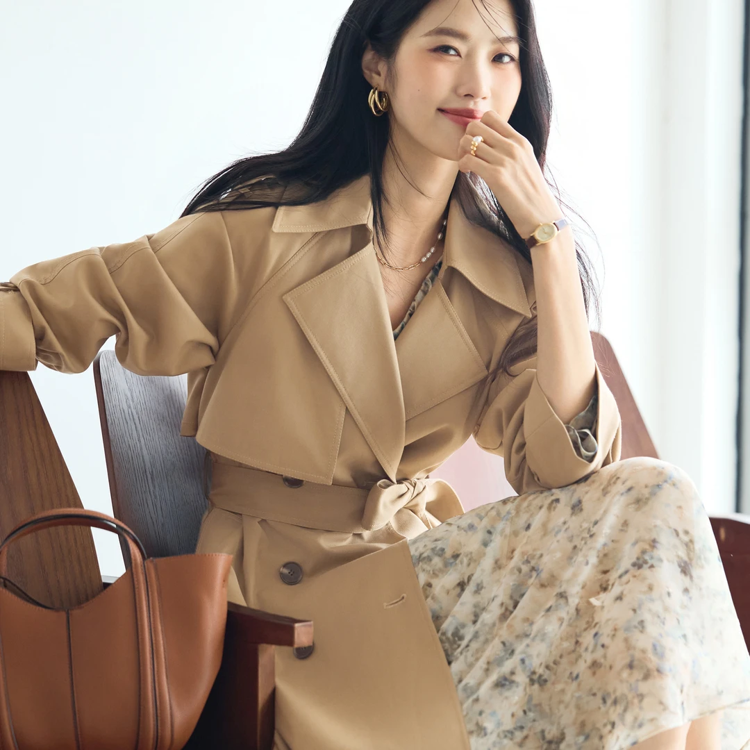 【明星同款】伊芙丽卡其色高级感中长款琥珀风衣秋外套女1E2960601