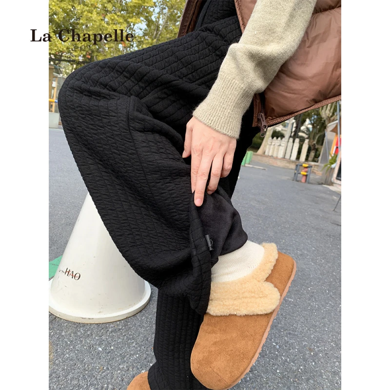 拉夏贝尔加绒棉裤女秋冬慵懒松弛感绗缝松紧腰夹棉宽松休闲阔腿裤