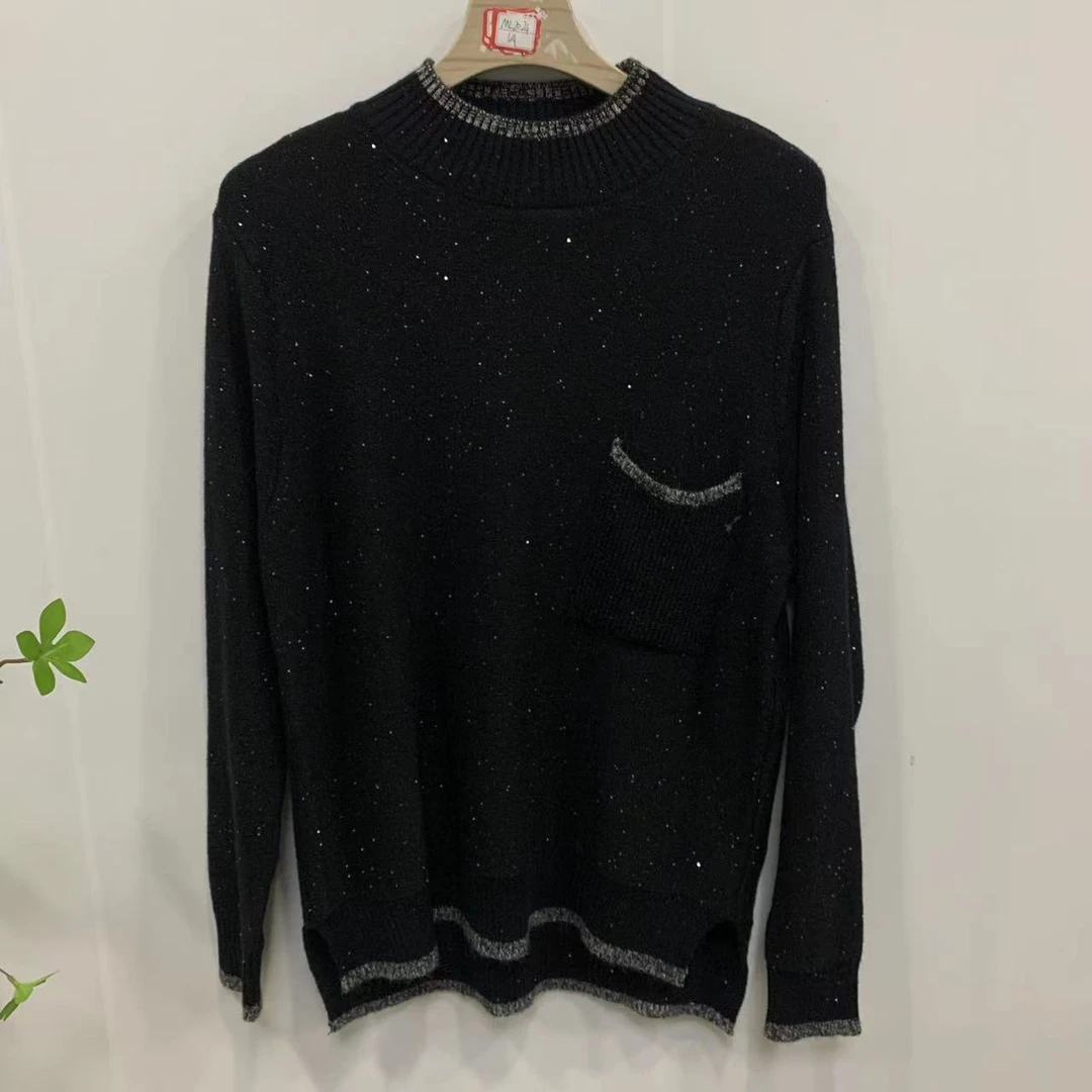 HY0420【品牌撤柜 轻奢定制】时尚黑色圆领亮闪闪口袋毛衣