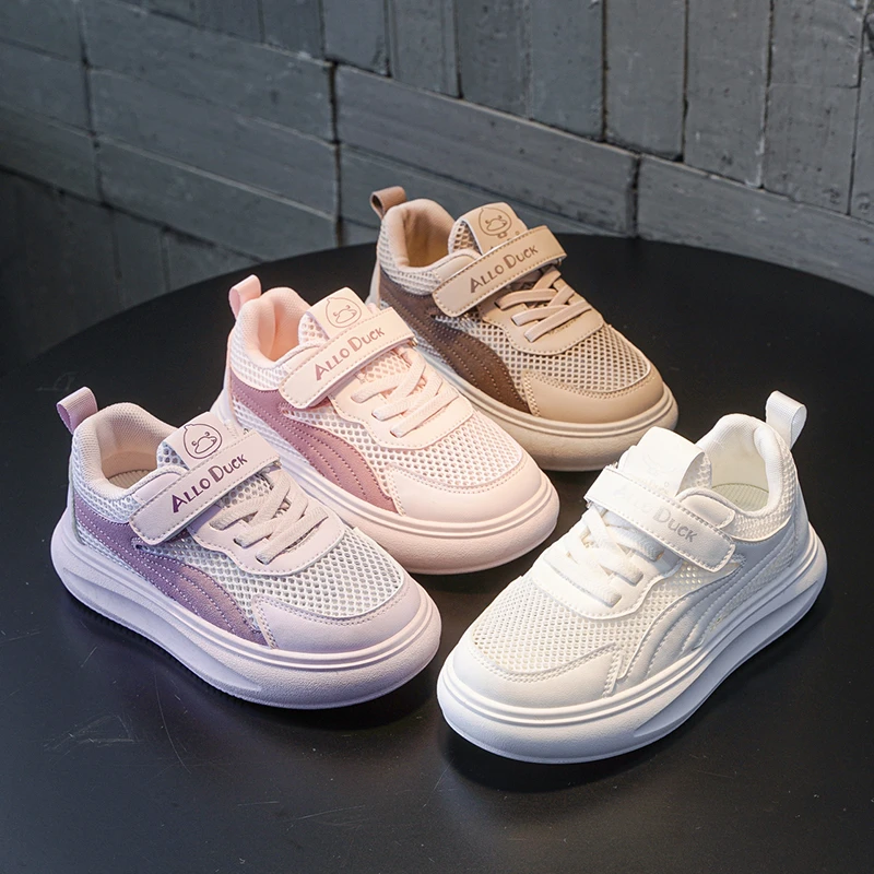 夏季单网新款儿童运动鞋男女童软底中大童皮面防滑轻便百搭小白鞋