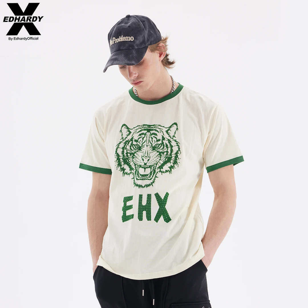 Edhardy X潮牌虎头烫钻短袖T恤edx圆领纯棉潮流痞帅X1OBU403