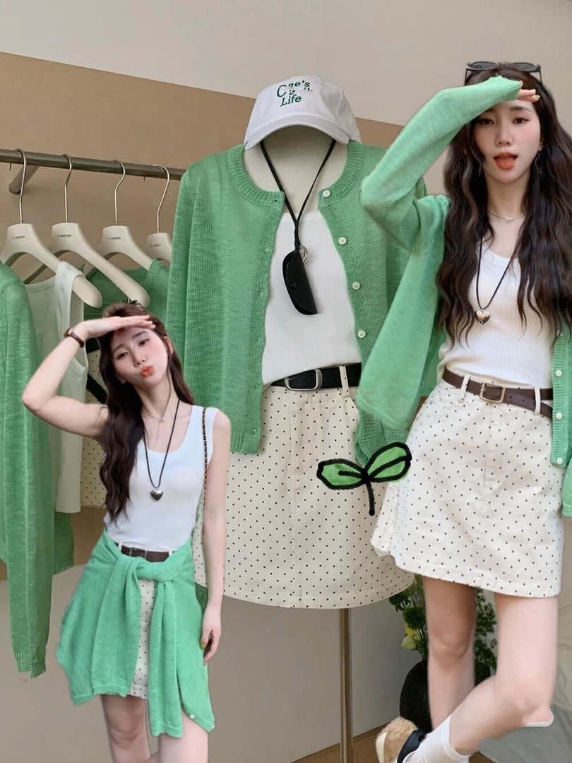 韩系简约百搭防晒针织开衫+上衣背心＋波点半身裙＋腰带4件套套装