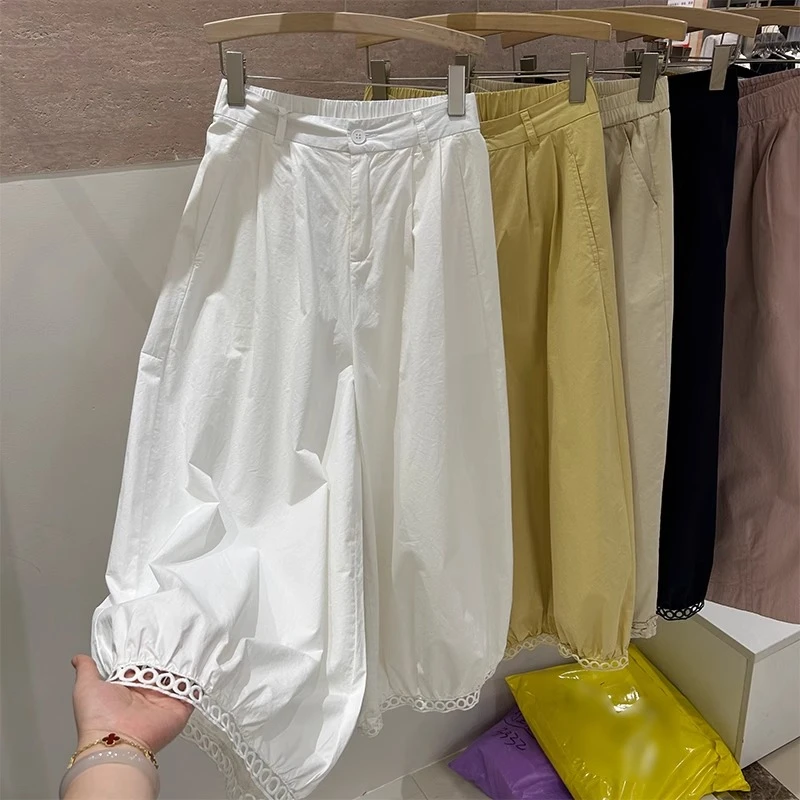2025夏季薄款洋气镂空气球裤女韩系蕾丝花边显瘦九分阔腿灯笼裤子