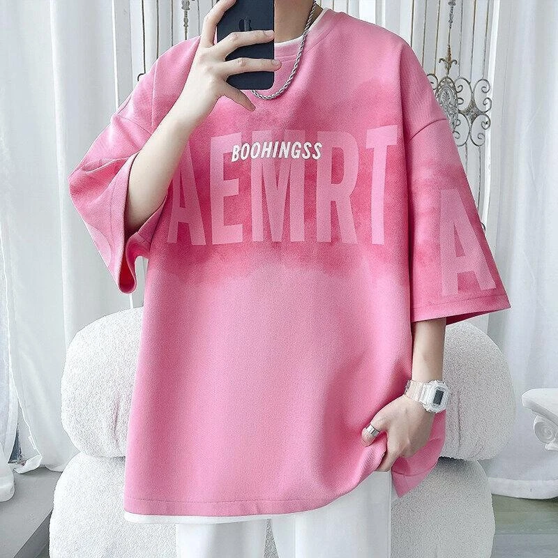 薄款透气~重磅渐变色短袖T恤男夏季潮牌印花潮流痞帅大码宽松上衣