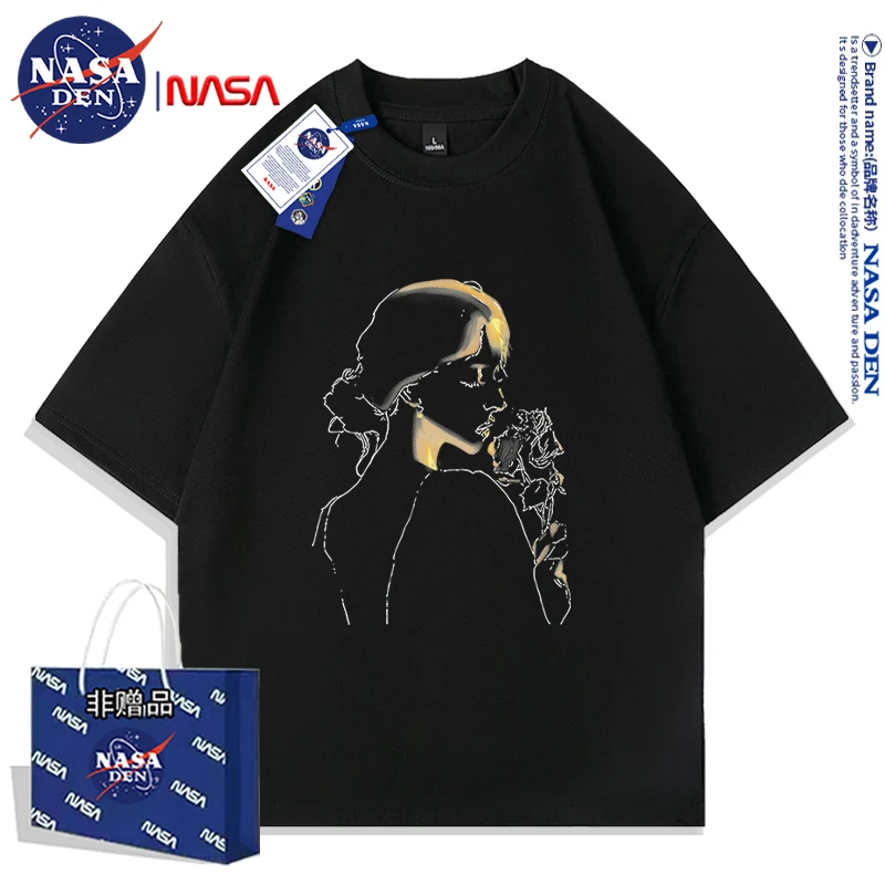 NASA联名重磅纯棉半袖圆领男女款宽松夏季装时尚印花透气短袖t恤