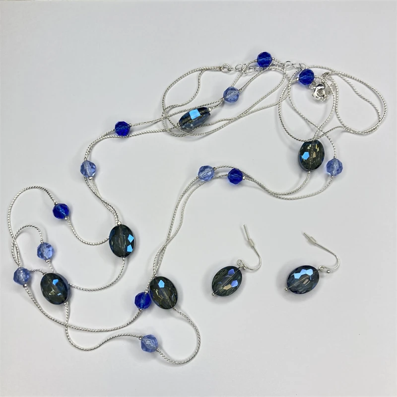 合金项链 芳芳家蓝色莱茵石项链耳环套装1-2【2070120-003】