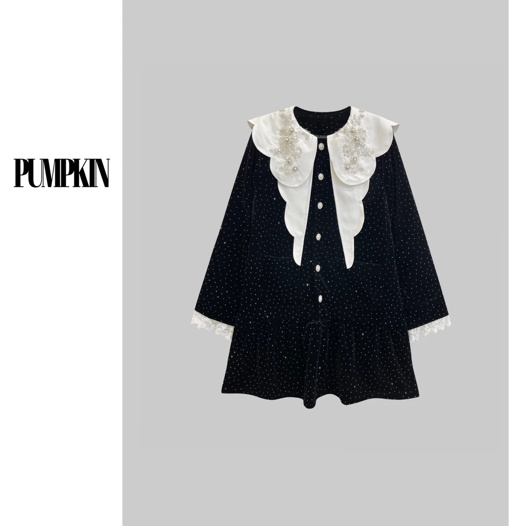 【双12钜惠】·大码法式<甜美女孩>重工娃娃领夹棉亮闪鱼尾裙—需干洗