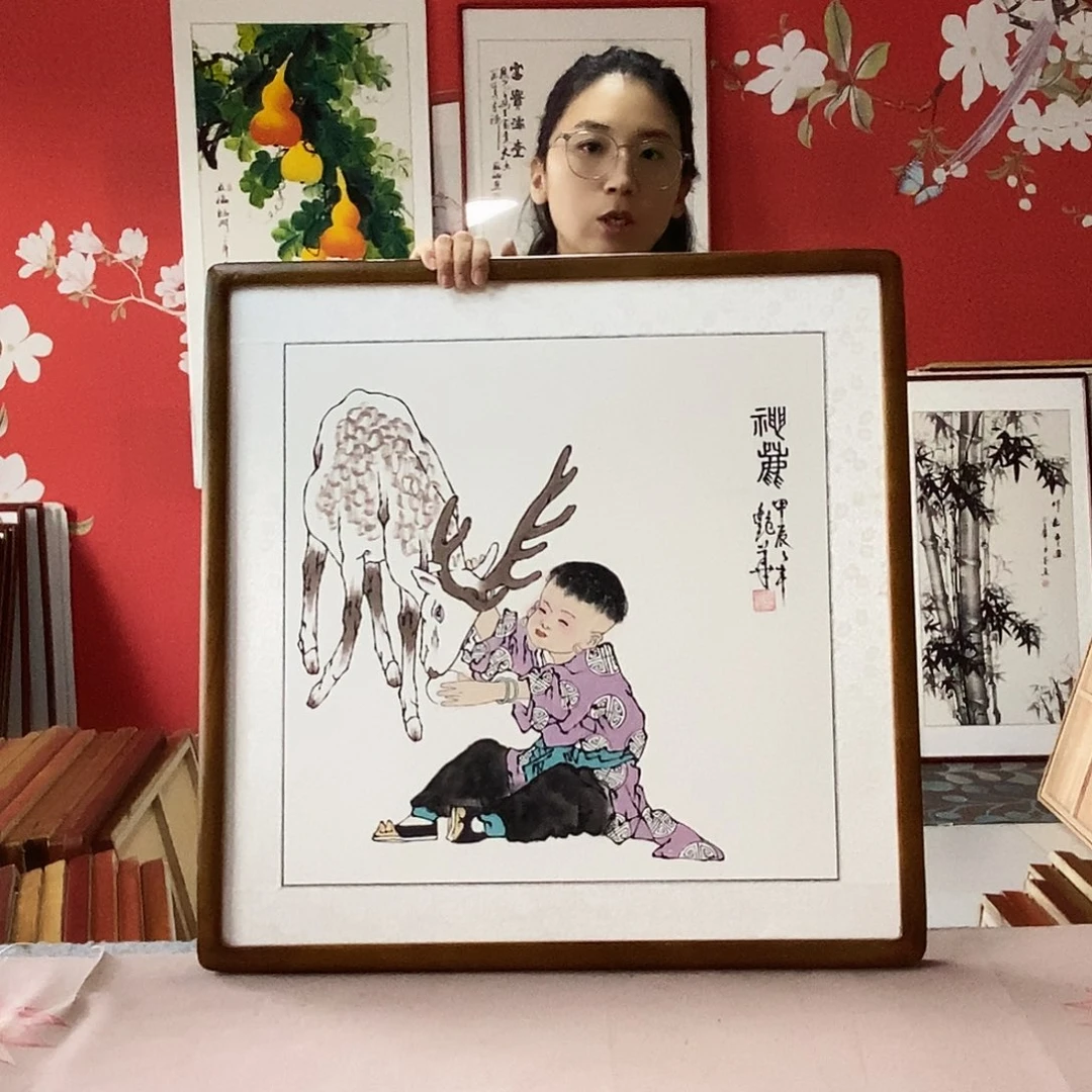 国画手写手绘国画作品带框包邮62✖️62