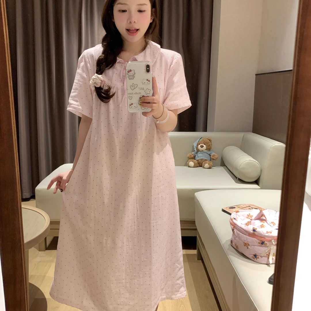 纯欲风小众学生粉色T恤睡裙女夏季小个子设计感大码居家连衣裙女