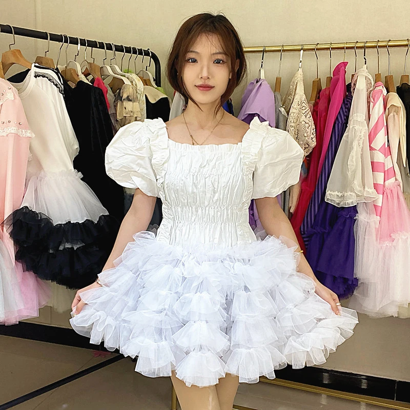 设计师款春夏网纱拼接连衣裙女款洋气重工蓬蓬裙漂亮别致纯色小衫