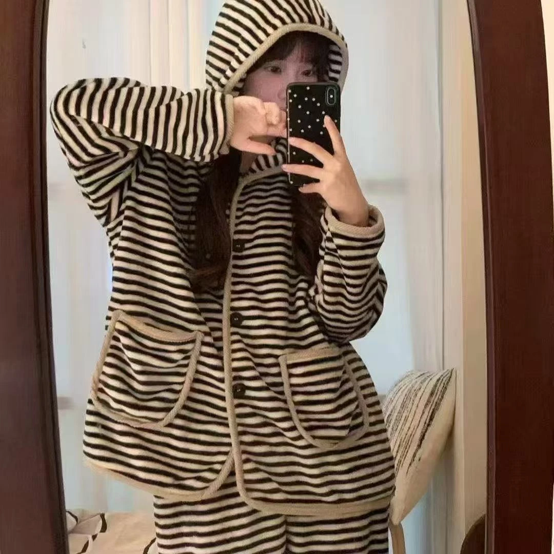 连帽女家居服套装女秋冬条纹睡衣卫衣宽松休闲网红
