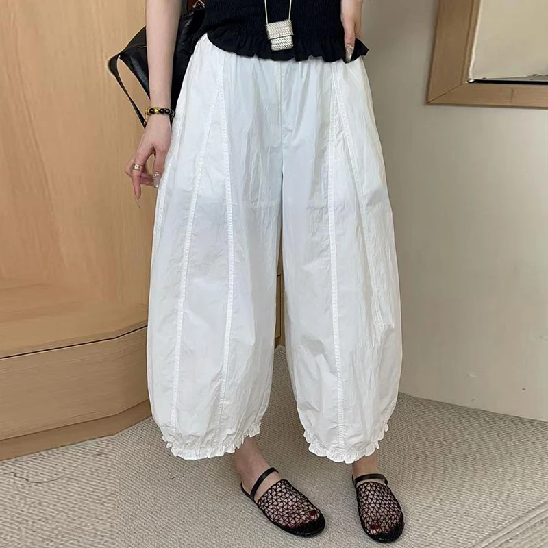 韩版时尚松紧腰花边休闲裤女夏季新款宽松显瘦阔腿直筒九分灯笼裤