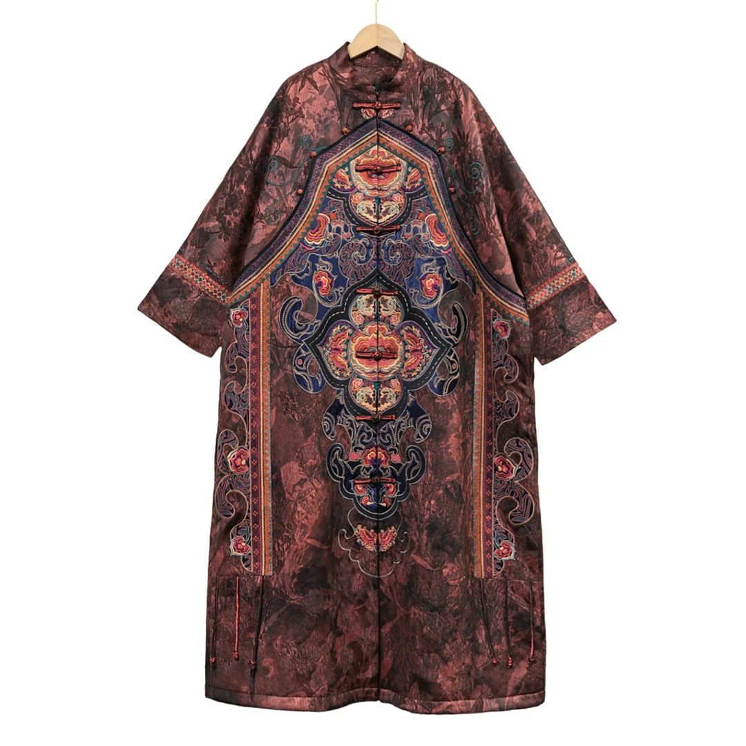 刺绣新中式盘扣文艺复古设计师原创民族风绯红炒色夹薄棉长棉衣冬