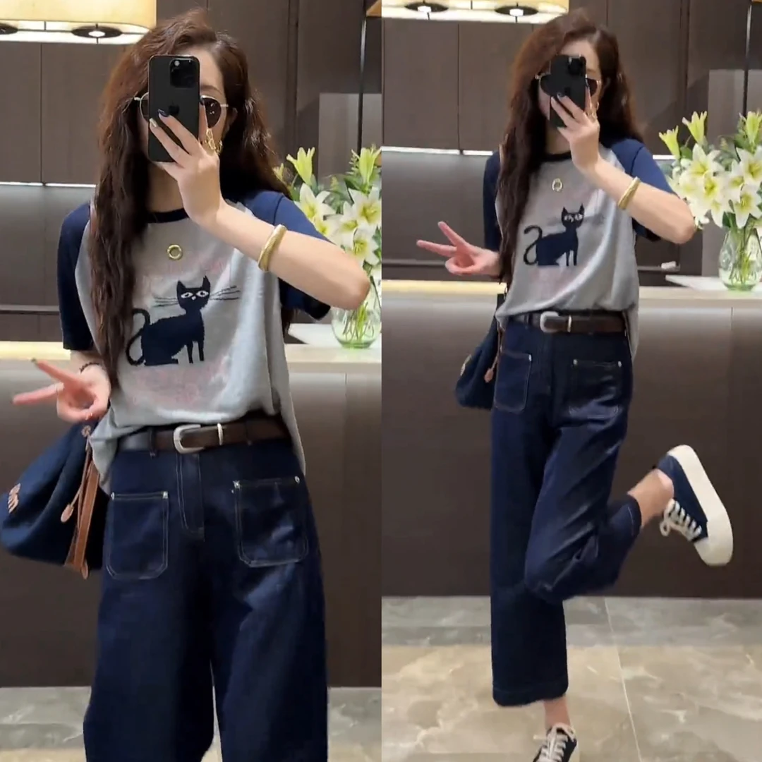 今年流行的漂亮套装时尚减龄短袖上衣牛仔裤网红2025炸街两件套夏
