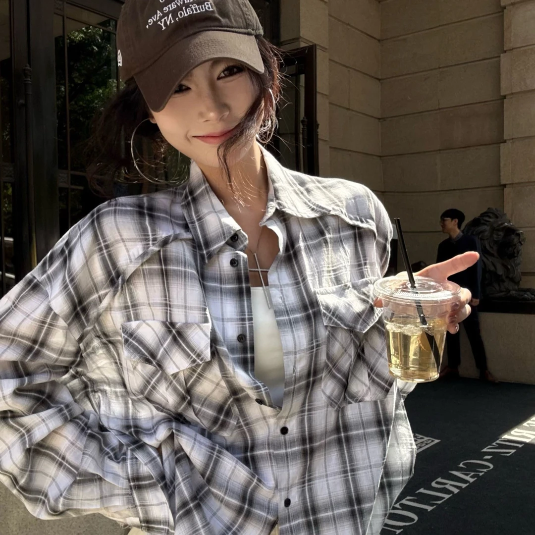 夏季新款洋气百搭复古格子衬衫开衫+高腰阔腿休闲裤套装