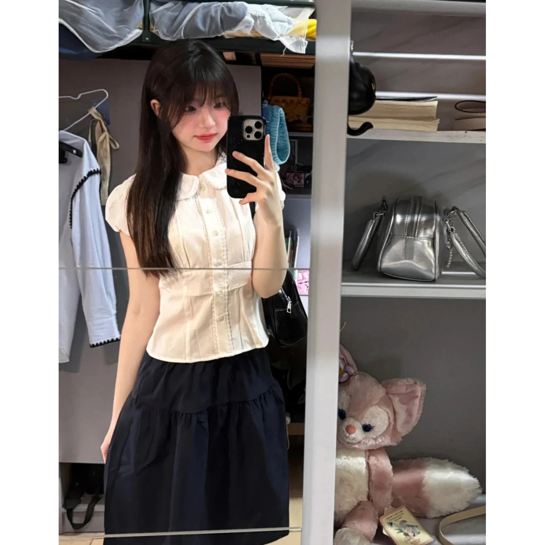 夏季日式轻薄凉感松紧花苞半身裙遮肉显瘦百搭休闲藏青色蓬蓬短裙