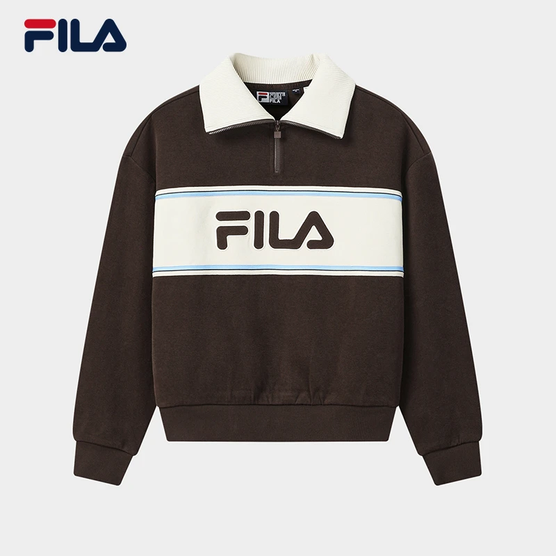 Fila/斐乐女子运动休闲宽松拼接印花翻领针织卫衣F11W619222F
