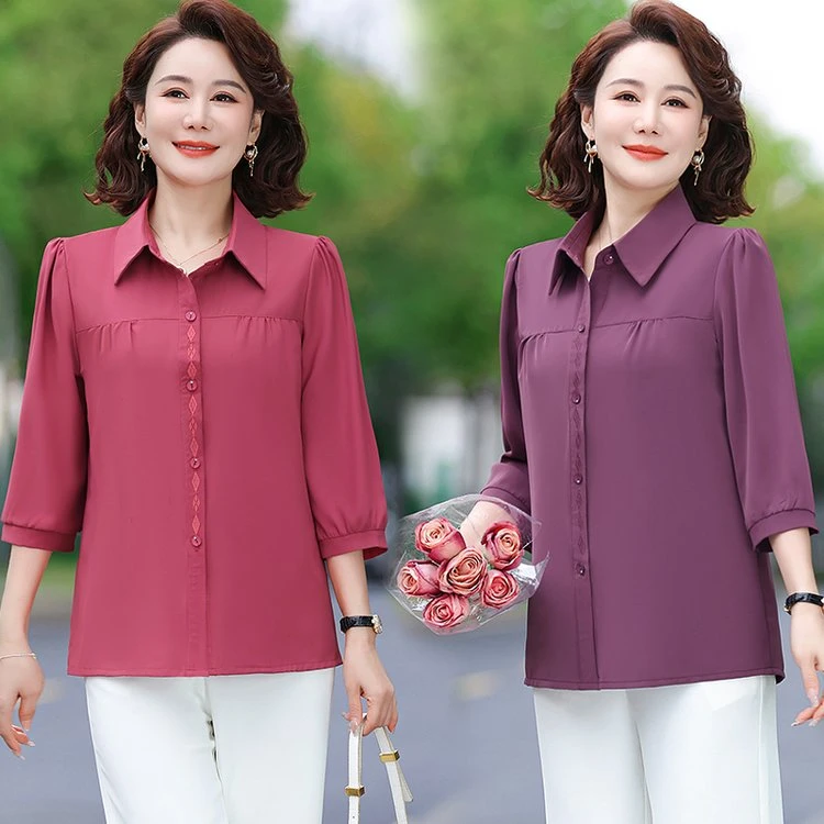 夏季新款洋气纯色衬衫女装宽松时尚显瘦百搭开衫妈妈上衣长袖衬衫