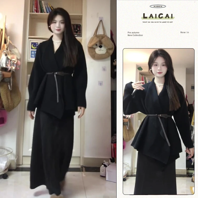 2025秋冬通勤设计感V领收腰外套高腰遮肉百搭半身裙港风复古套装