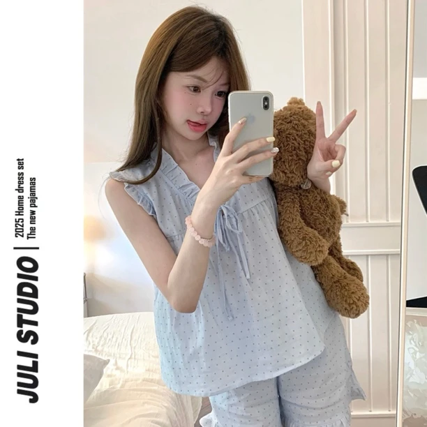 JULI<波波奶盖>夏季甜美波点印花木耳边可外穿宽松睡衣套装家居服