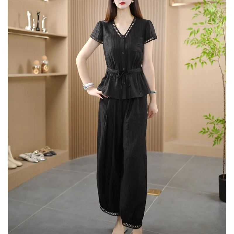 夏季新款时尚气质显瘦修身收腰上衣休闲裤法式两件套装洋气衣服女