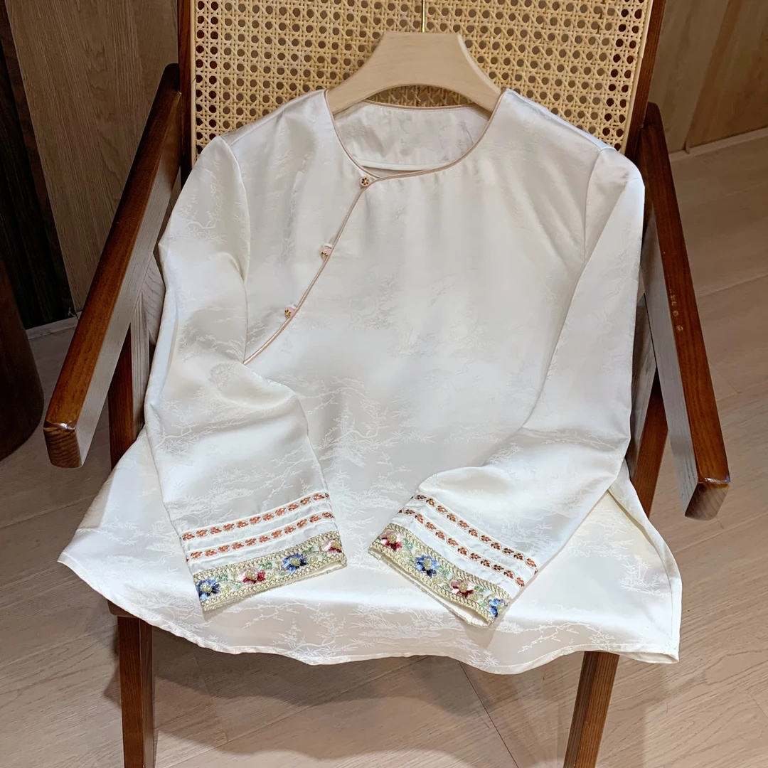 【丝绸之路】新中式国风提花刺绣盘扣衬衫上衣内搭女