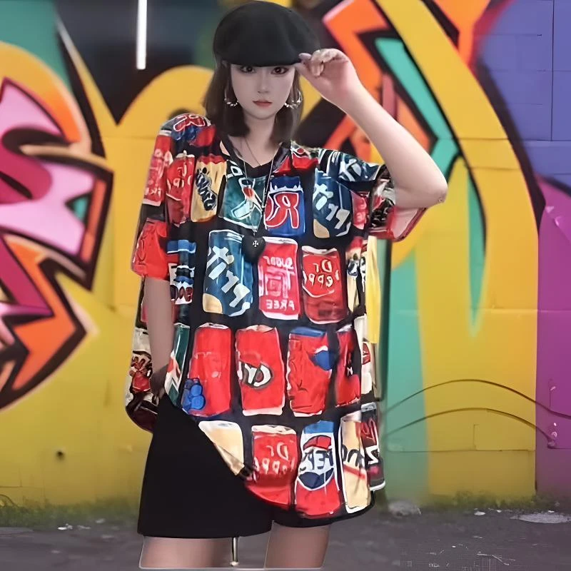 (AN.)潮牌冰感果冻绒显瘦宽松中长款短袖V领短袖可乐瓶