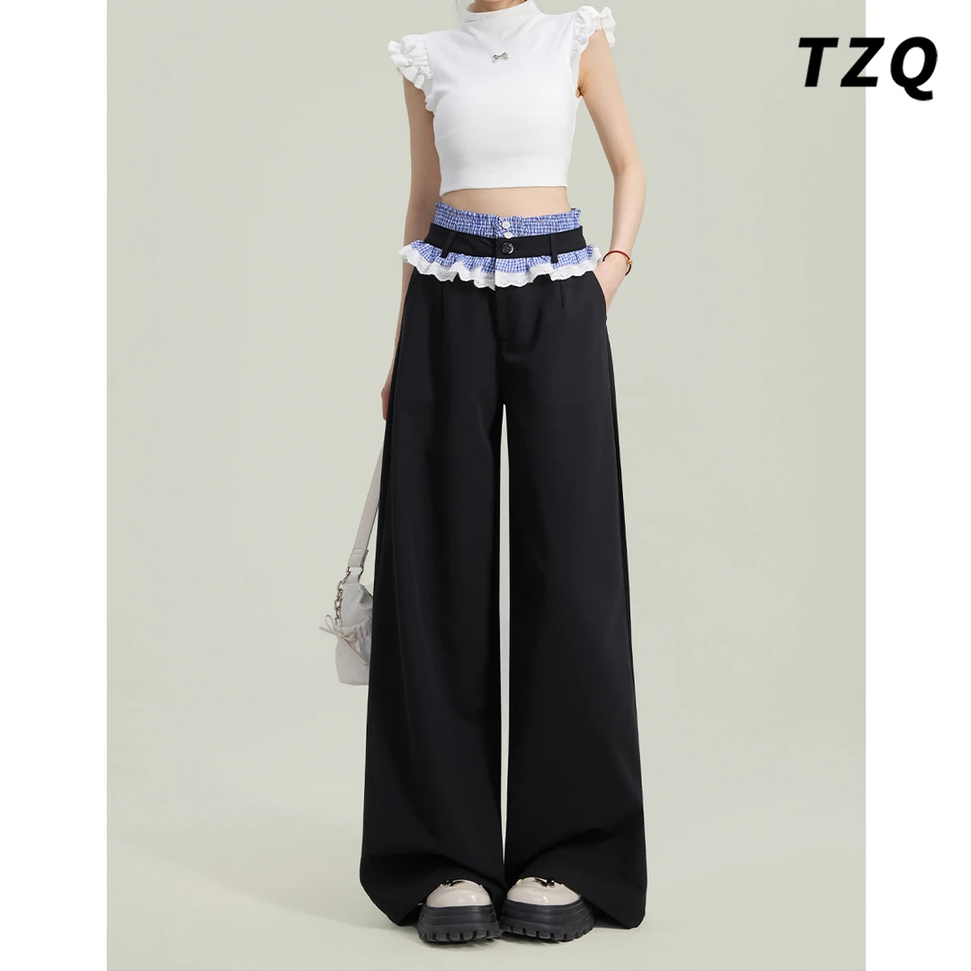 美式拼接花边假两件休闲裤子女爆款2025宽松阔腿休闲裤TZQ2530551