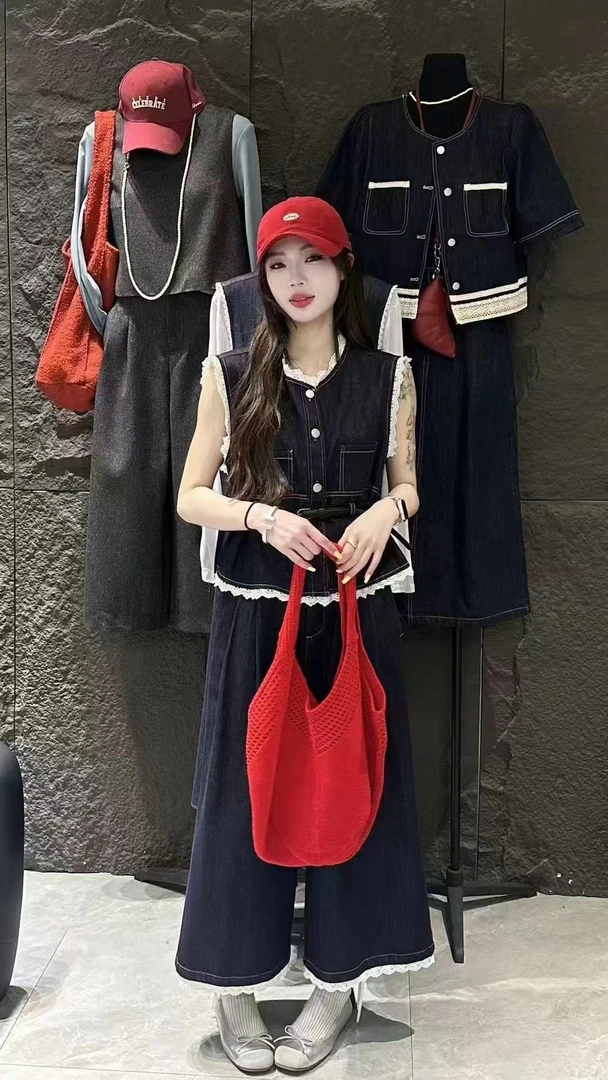 短袖时尚韩版森系少女风收腰慵懒风时尚套装拼接