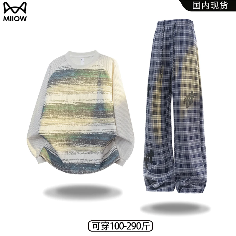 猫人套装美式螺纹印花卫衣男秋季复古刺绣格子直筒卫裤宽松两件套