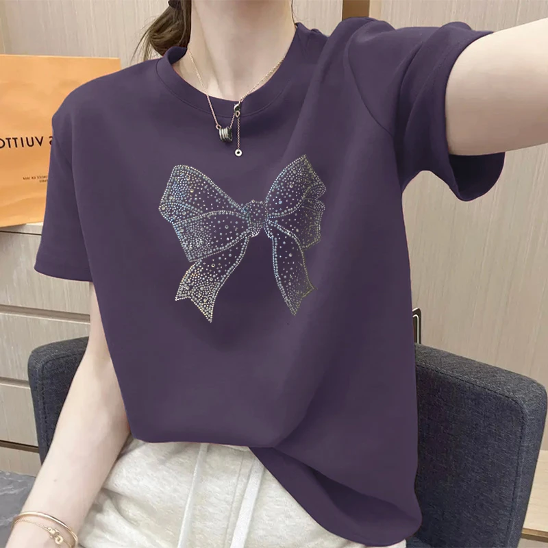 短袖t恤女夏季薄款正肩圆领百搭宽松显瘦新款百搭上衣体恤ins紫色