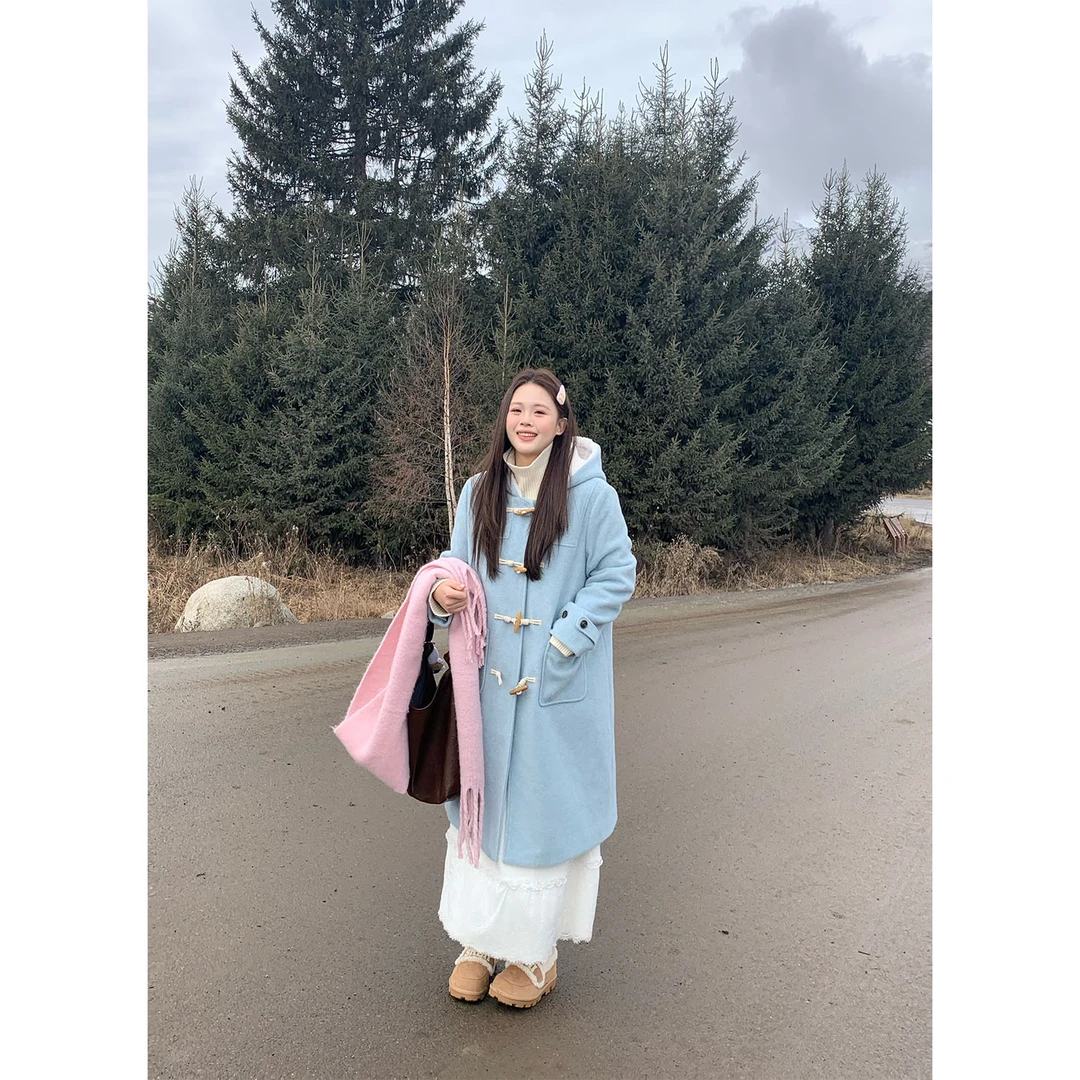 现货大婉酱千千布蓝尼700g夹棉牛角扣连帽大衣冬绵羊毛外套1319X