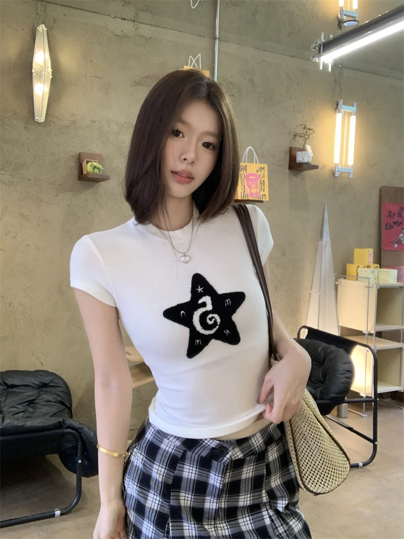 美式正肩短款星星毛巾刺绣T恤女夏季ins修身显瘦辣妹小众短袖上衣