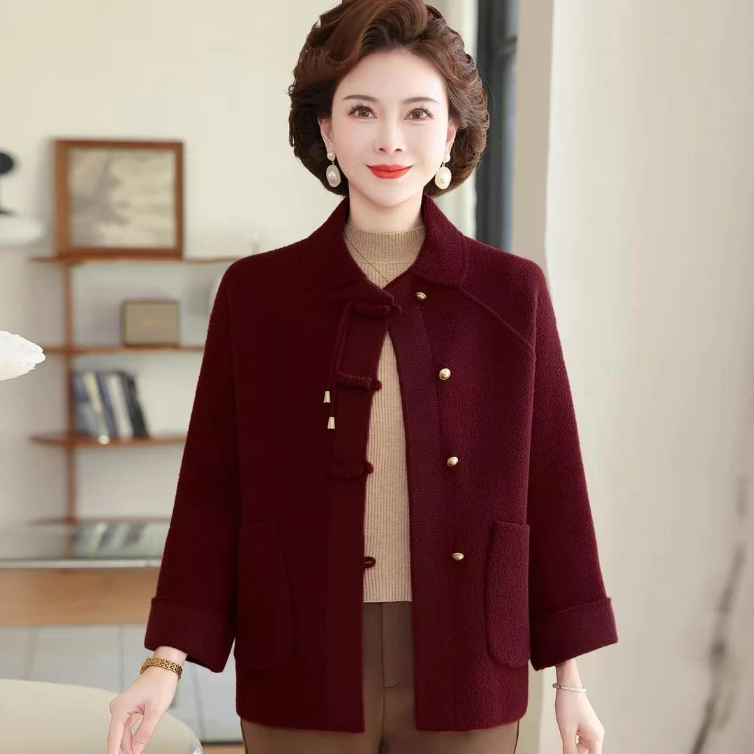 恒源祥集团彩羊妈妈秋冬装毛呢开衫外套中年人女装大衣喜婆婆上衣
