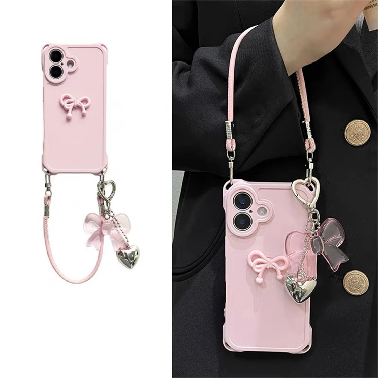 少女粉四角挂孔蝴蝶结挂件适用iPhone16pro手机壳15promax手提14