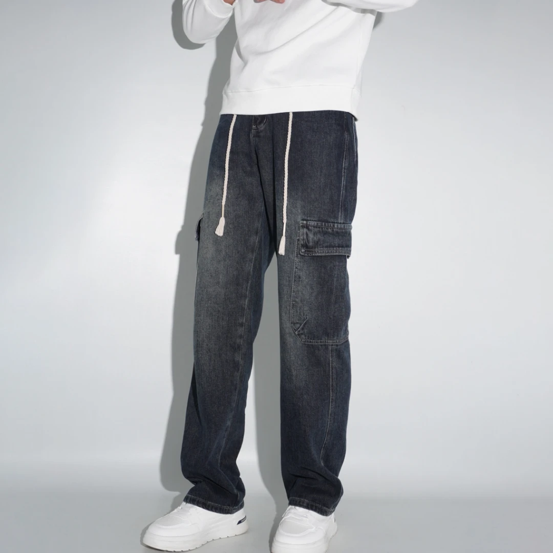 美式牛仔裤男秋冬季款复古潮流宽松直筒休闲工装裤水洗百搭显身材