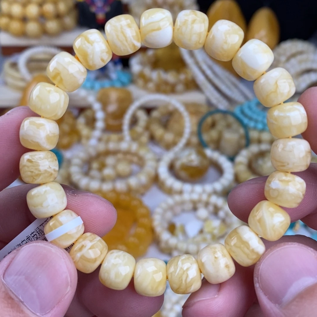 蜜蜡未镶嵌手链瓷白细纹实底虎皮10mm