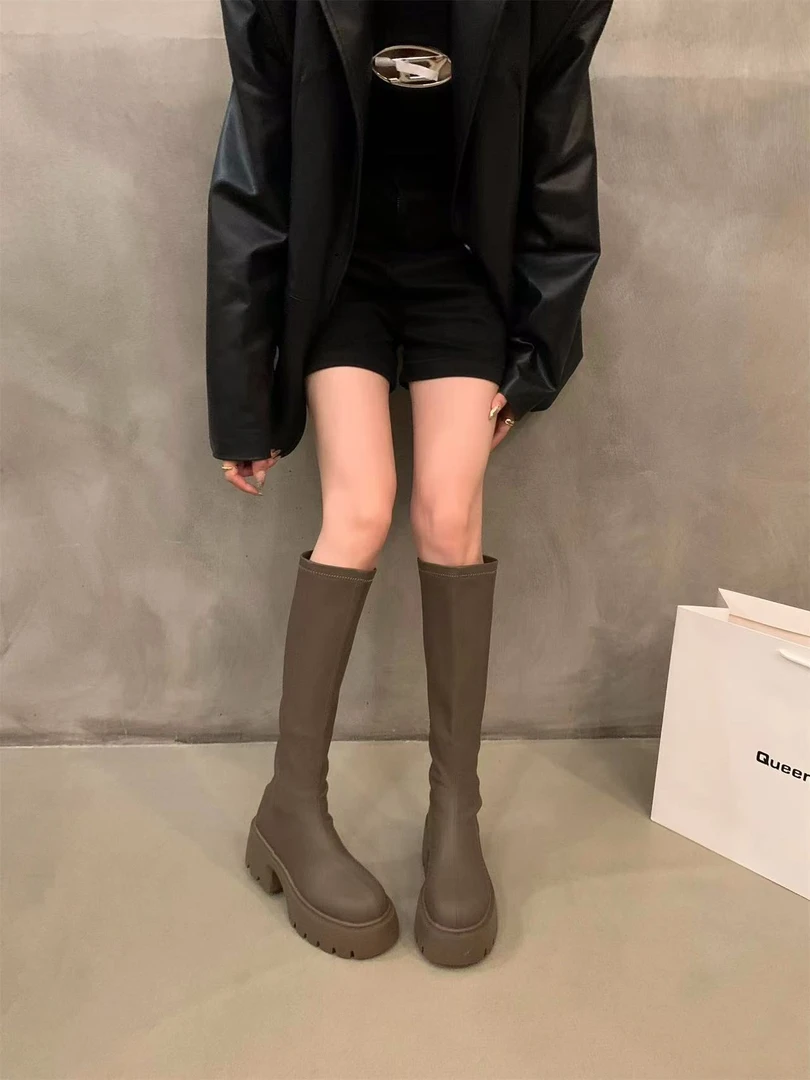 瘦瘦长筒骑士靴女鞋2024新款秋冬季加绒黑色中筒长靴子226-55