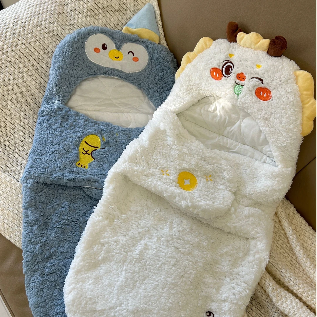 婴儿睡袋抱被0-6个月冬季初生宝宝羊羔绒包被防惊跳襁褓防踢被